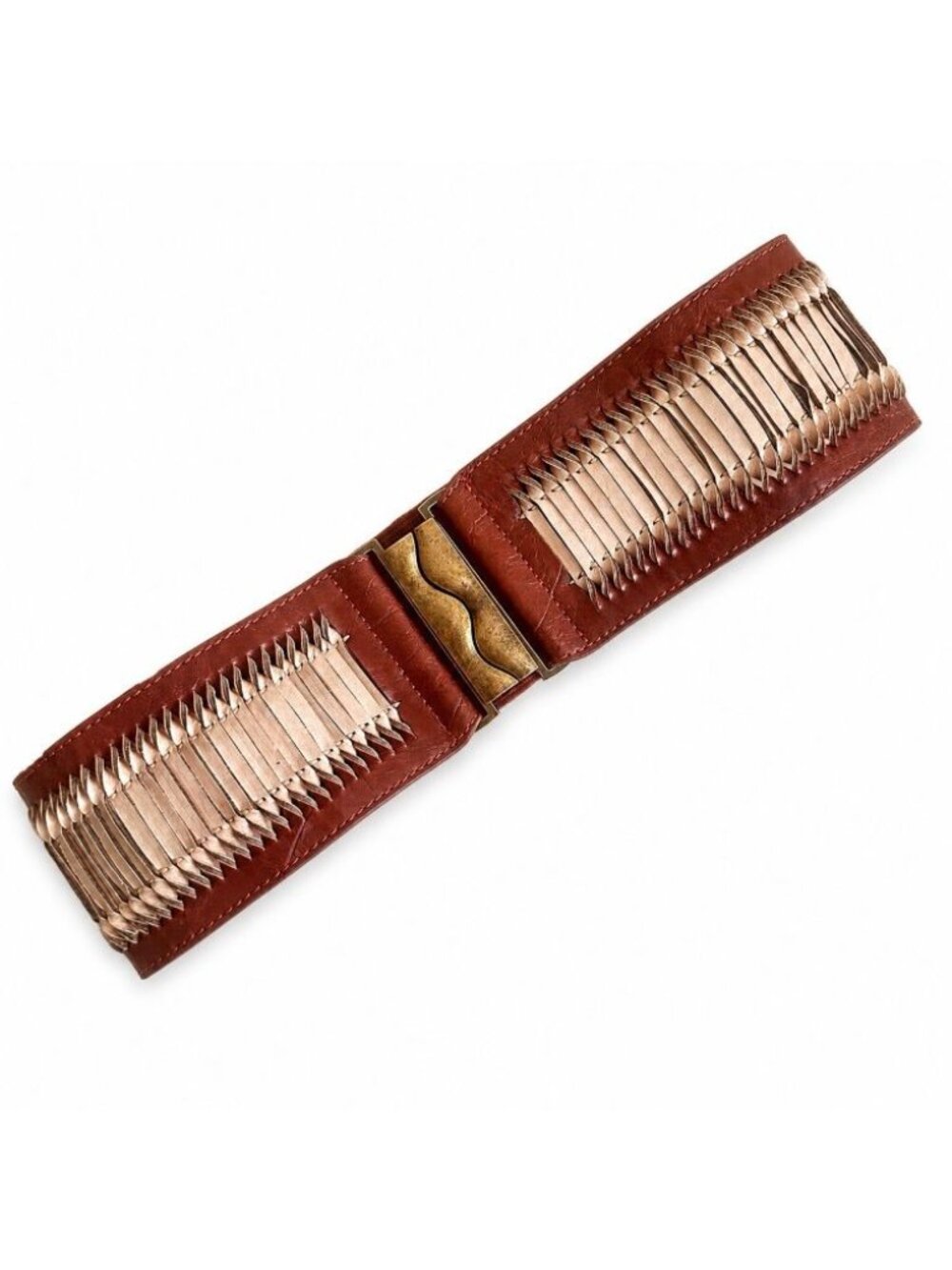 Wide Brown Boho Waist Belt Small Stretch Western Artisan Rustic Stretchy Brass